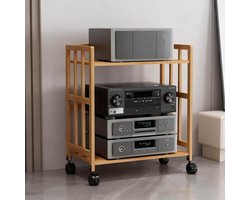 Verstelbare cd-spelerstandaard met wielen, draagbaar hifi-rek voor muziek, thuis en kantoor, stijlvolle houten opbergkast, 59,9 x 37,8 x 77 cm (h x b x d), ideaal voor audioapparatuur en ruimtebesparing