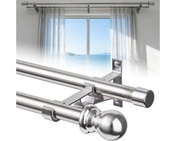 Verstelbare Dubbele Gordijnroedes van 76–330 cm voor Glazen Deuren, Terrassen en Slaapkamers, 2.5 cm Dikte, Zilver