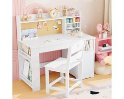 Verstelbare ergonomische kinderbureau en stoelset | Houten studeertafel met opzetkast, kantelbaar blad, opbergkast & boekenplank | Geschikt voor 3–8 jaar | Slaapkamer Studeerkamer | Wit