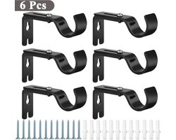 Verstelbare gordijnroedebeugels, 6-delige zwarte wandbeugels en haken, geschikt voor gordijnroedes in badkamers, slaapkamers, woonkamers en keukens.