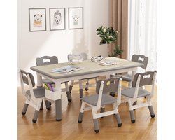 Verstelbare kindertafel met 6 stoelen - Graffitibestendig meubilair voor huiswerk en activiteiten - Stevige constructie - Gemakkelijk schoon te maken - Antislipvoetjes - Leeftijd 2-10 jaar - Grijs