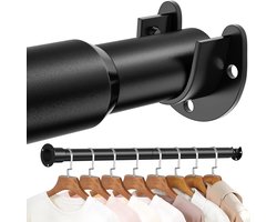 Verstelbare kledingstang van 43 cm tot 143 cm, geschikt voor het ophangen van kleding, stevige telescopische stang, zwarte gordijnroede, geschikt voor kledingkasten, badkamers en wasruimtes