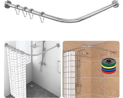 Verstelbare L-vorm incl. 24 ringen douchegordijnhoekstang zonder boren en zonder plafondhouder uitbreidbaar douchestang hoek veilig bad en douche (zilver, 70-100×70-100cm)