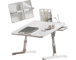 Verstelbare Laptoptafel voor op Bed en Bank - Opvouwbare Bedtafel met USB, Lade & Boekenstandaard - Ergonomische Schoottafel - Incl. USB-Lampje & Ventilator - 5 Hoogtes & Kantelbaar - Wit