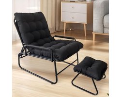 Verstelbare Ligstoel met Voetsteun, Lounge Stoel voor Buiten met Kussen, Ergonomische Tuinstoel, Zwart, 150 kg