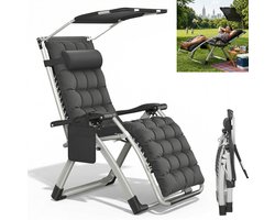 Verstelbare ligstoel – Relaxstoel met zijtas & optioneel zonnescherm – inklapbare tuinstoel 90°–170° – tot 160 kg belastbaar – campingstoel relaxstoel voor tuin, balkon & camping – Zwart