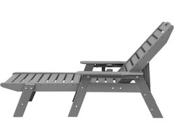 Verstelbare ligstoel voor buiten, draagvermogen 180 kg, 6 ligstanden, duurzaam HDPE-ontwerp met rugleuning en bekerhouder, ideaal voor bij het zwembad, op het terras, in de achtertuin en op het gazon, grijs