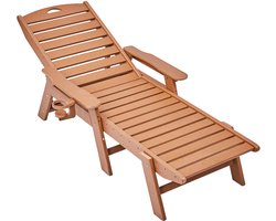 Verstelbare ligstoel voor buiten, draagvermogen 180 kg, 6 ligstanden, duurzaam HDPE-ontwerp met rugleuning en bekerhouder, ideaal voor bij het zwembad, op het terras, in de achtertuin en op het gazon, bruin