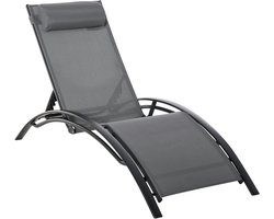 Verstelbare Lounger met Rugleuning en Afneembare Hoofdkussen - Tuinstoel voor Terras, Balkon en Zwembad - Grijze Aluminium Stoel