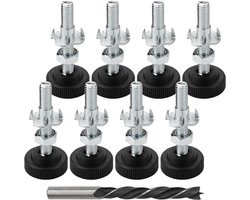 Verstelbare meubelpoot met 8 stuks, M8 x 50mm, inclusief impactmoeren, contramoeren en metaalboren voor houten meubels, rubberen voetjes voor optimale stabiliteit