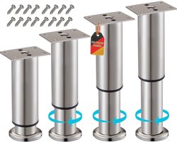 Verstelbare Meubelpoten Metaal Roestvrij Stalen Look 200-370 mm Set van 4 Ø 38 mm voor Tafel Bed Bank Kast
