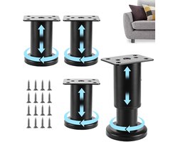 Verstelbare Meubelpoten - Set van 4 - 8-12cm - Meubelpoot - Stelpoot - Stelpoten - Meubelpoten - Stel Poot - Meubelpootjes Verstelbaar - Bedpoten - Tafelonderdeel - Poot - Poten - incl. schroeven - Voor Tafels, Banken, Tv-Kasten, Stoelen - Zwart