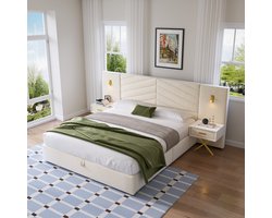 Verstelbare Opbergboxspring met Tilfunctie – 266x205x117 cm – Fluweel Boxspring met Verticale Geribbelde Kop – Met 2 Bedbankjes en 2 LED-lampen aan het Voeteneinde – Beige Wit