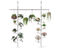 Verstelbare Plantenstandaards voor Binnen - Roestvrij Stalen Bloemendisplay met 12 Laden, 2 Haken en 1 Telescopische Kledingdroogstang