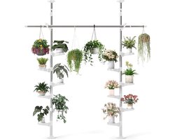 Verstelbare Plantenstandaards voor Binnen - Roestvrij Stalen Bloemendisplay met 12 Laden, 2 Haken en 1 Telescopische Kledingdroogstang