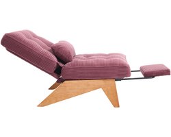 Verstelbare relaxstoel - Corduroy fauteuil - Lounge stoel met voetenbank - Modern relaxfauteuil - met lendenkussen, houten poten, rugverstelling - Corduroy en Hout - 127×73×90 cm - Geschikt voor woonkamer en slaapkamer - Bordeaux rood