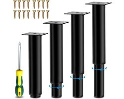 Verstelbare roestvrijstalen meubelpoten - Metalen kast bureaupoten - Doe-het-zelf meubelvervangende poten - Inclusief schroeven - Set van 4 - Zwart - Hoogte 12-18 cm