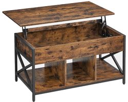 Verstelbare salontafel 50×100×(49-62)cm, vintage bruin-zwart, met verborgen opbergruimte en open planken, stevig metalen frame, multifunctioneel voor woonkamer, kantoor, eten en ontspanning