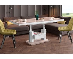 Verstelbare Salontafel & Uitschuifbare Eettafel in Één – Tribe DuoLift™ – 120-170cm – In Hoogte Verstelbaar van 56-76cm – Hout met Fineer – Compact & Multifunctioneel – Kleur: Cappuccino/Wit Hoogglans – Ideaal voor Kleine Ruimtes, Studio’s & Moderne