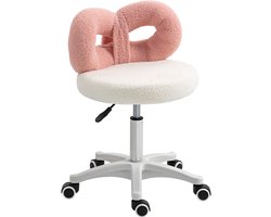 Verstelbare teddy draaikruk met gebogen rugleuning - Hoogteverstelbaar 63-77 cm - 360 graden draaibaar - Gebogen rugleuning voor extra comfort - Zachte teddy stof - Wit en roze kleur