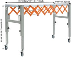 Verstelbare Transportroltafel – Professioneel – Zilver/Oranje – IJzer – 130×44×80 cm – Met Remwielen – 4 Stuks – Uitschuifbaar 46-130 cm – Verstelbare Hoogte – Opvouwbaar & Ruimtebesparend