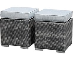 Verstelbare Tuin Ottomans - Grijze Wicker Rattan Fußstoel met Lichtgrijze Kussens, Set van 2