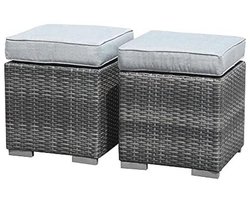 Verstelbare Tuin Ottomans - Grijze Wicker Rattan Fußstoel met Lichtgrijze Kussens, Set van 2