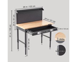 Verstelbare Werkbank 2000lbs - 48"x24" - Hoogte 71-100 cm - Inclusief LED Licht - 3m Kabel & 30 Haken - Voor Garage & Werkplaats