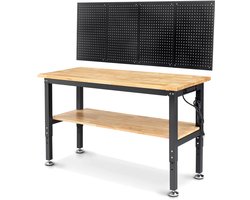 Verstelbare Werkbank - Werktafel - Industriële Werkbank - 60inch - Grote Werktafel - voor Houtbewerking - en Klussen - Rubberen Houten Werktafel - met Metalen Pegboard - en 2-Laags Opslag