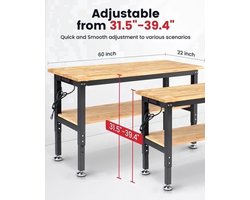 Verstelbare Werkbank - Werktafel - Industriële Werkbank - 60inch - Grote Werktafel - voor Houtbewerking - en Klussen - Rubberen Houten Werktafel - met Metalen Pegboard - en 2-Laags Opslag