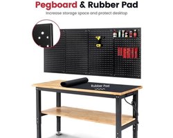 Verstelbare Werkbank - Werktafel - Industriële Werkbank - 60inch - Grote Werktafel - voor Houtbewerking - en Klussen - Rubberen Houten Werktafel - met Metalen Pegboard - en 2-Laags Opslag