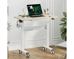 Verstelbare zit-sta bureau met wielen, pneumatisch hoogte-instelbaar, laptoptafel 88x50cm met haak en lade, bedtafel met vergrendelbare zwenkwielen, licht hout en ergonomisch ontwerp