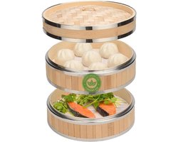 Versterkte bamboe stoompan met roestvrijstalen ringen 18 cm - dubbele mand met herbruikbare siliconen coating bamboo steamer - Milieuvriendelijke bamboe stoompan - Herbruikbare siliconen coating - Gezond koken bamboe stoompan - Traditionele stoommand