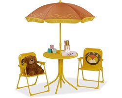Verte Kinder Picknicktafel - Kindersetset met Parasol - Leeuw - 2 Klapstoelen en Een Tafel - Strand - Kamperen - Tuin - Kindersetset - Geel