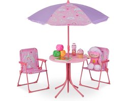 Verte Kinder Picknicktafel - Tuinset voor Kinderen - Kinderset met Parasol - Eenhoornmotief - Tafel en Kinderstoelen - Kamperen & Tuin - Roze