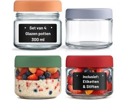 Verte Overnight Oats Potjes - Pot voor Overnight Oats - Mason-Potten met Deksel - Zwarte Etiketten en Pen - Herbruikbare - Luchtdichte Glazen Potten voor Salade - Dressing - Yoghurt - Saus en Ontbijtgranen - 4-Stuk - 300 mL