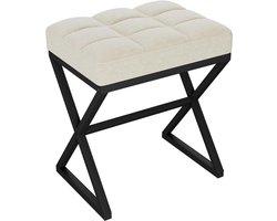 Verte Voetenbankje - Kaptafelkruk - Voetensteun van Linnen - Vierkante Poef met X-vormige Metalen Poten - Make-upkruk voor Kaptafel - Woonkamer - Slaapkamer - Hal - 40×30×46 cm - Beige