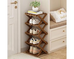 Verticaal Smal Schoenenrek – Naturel Bruin Open Rek, Inklapbaar en Multifunctioneel Schoenenorganizer (5 Niveaus)