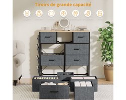 Verticale ladekast met 9 lades voor slaapkamer, kantoor, wasruimte, hal, kinderkamer, stalen frame, MDF-houten blad, stoffen lades, grijze stof, 98,8 x 30 x 100 cm