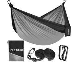 Vertrex Hammock Pro Hangmat met Band en Karabijnhaak voor hangmatten - 270 x 140 cm - Max 200 kg - Grijs/Zwart