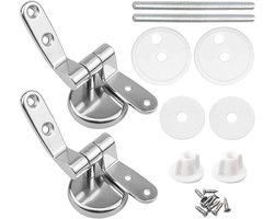 Vervangende toiletbrilscharnierenset (2 stuks), zinklegering, geschikt voor hout, hars en MDF, inclusief accessoires, zilverkleurig.