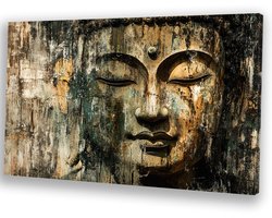 Verweerde Boeddha sculptuur close-up - Boeddha wanddecoratie - Religie - Realistische kunst - Muurdecoratie woonkamer - Kantoor accessoires - Canvas 100x75 cm