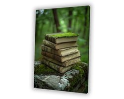 Verweerde boeken bedekt met mos - Boeken portret - Wandkunst objecten - Realistische kunst - Landelijke schilderijen - Slaapkamer wanddecoratie - canvas 40x60 cm