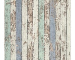 VERWEERDE HOUTEN PLANKEN BEHANG | industrieel - Wit Bruin Blauw - A.S. Création Elements 2