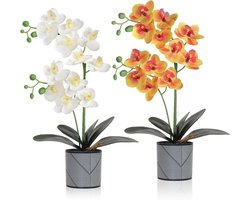 Verzonken kunstorchideeën in plastic vaas voor tafeldecoratie - 2 stuks - geschikt voor wooncultuur, kantoor en bruiloftsfeest - decoratie in geel en wit.