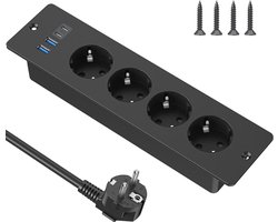 Verzonken stopcontact tafelblad met 2 USB C en 2 USB-A - inbouwstopcontact 4-voudige stekkerdoos - 2 m kabel - meervoudig stopcontact - vergadertafel banktafel
