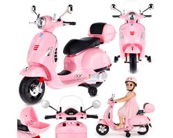 Vespa Elektrische Kinderscooter, kindermotorfiets met plastic wielen en stoel, kofferbak, MP3-speler, USD MicroSD AUX-aansluiting (Lichtroze)