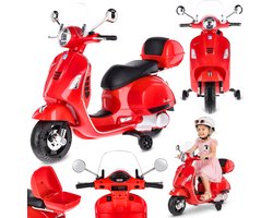 Vespa Elektrische Kinderscooter, kindermotorfiets met plastic wielen en stoel, kofferbak, MP3-speler, USD MicroSD AUX-aansluiting (Rood)