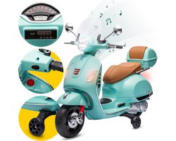 Vespa Elektrische Kinderscooter, kindermotorfiets met plastic wielen en stoel, kofferbak, MP3-speler, USD MicroSD AUX-aansluiting (Turkoois)