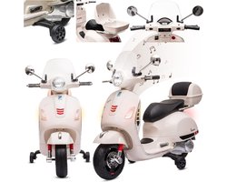 Vespa Elektrische Kinderscooter, kindermotorfiets met plastic wielen en stoel, kofferbak, MP3-speler, USD MicroSD AUX-aansluiting (Wit)